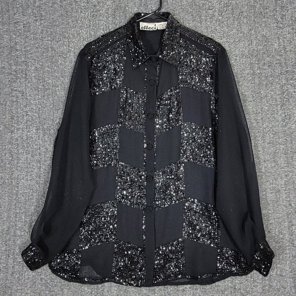 Creazioni Effeci Shirt Womens M Black Chiffon Long Sleeve Semi Sheer Blouse